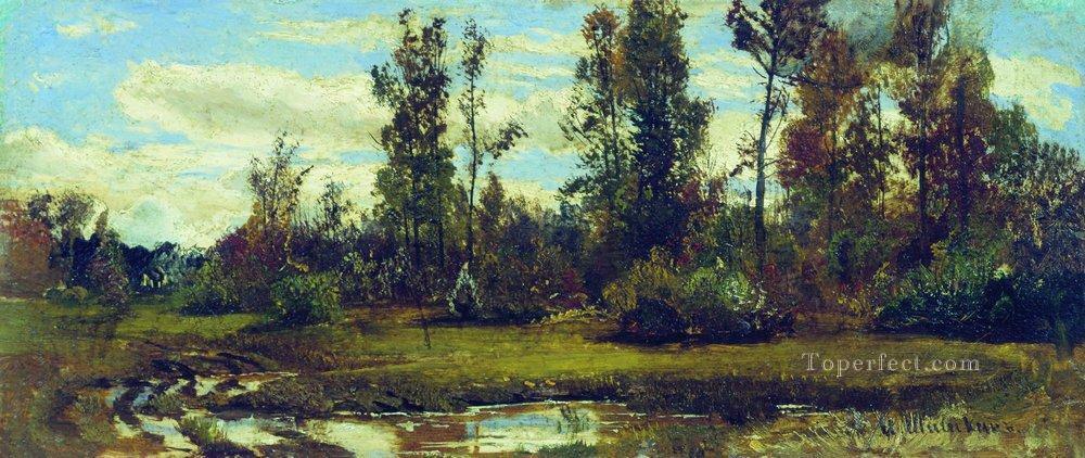 森の中の湖 古典的な風景 イワン・イワノビッチの木々油絵